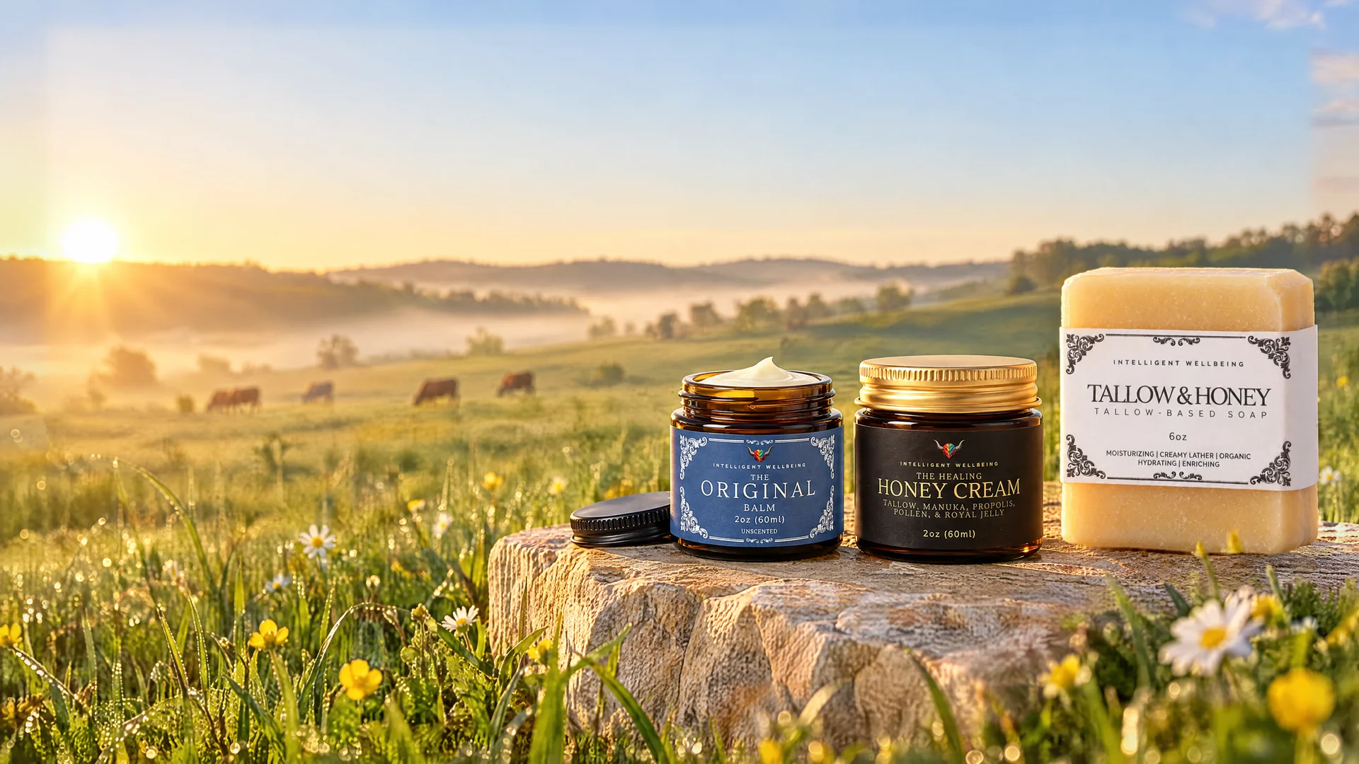 The Original Balm, The Healing Honey Cream and a Tallow and Honey soap bar on a limestone ledge in a Minnesota pasture at sunrise