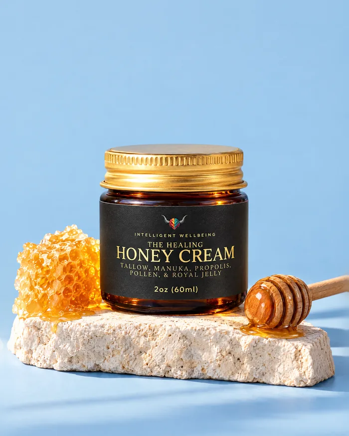 The Healing Honey Cream jar with honeycomb and a honey dipper on a sky blue backdrop