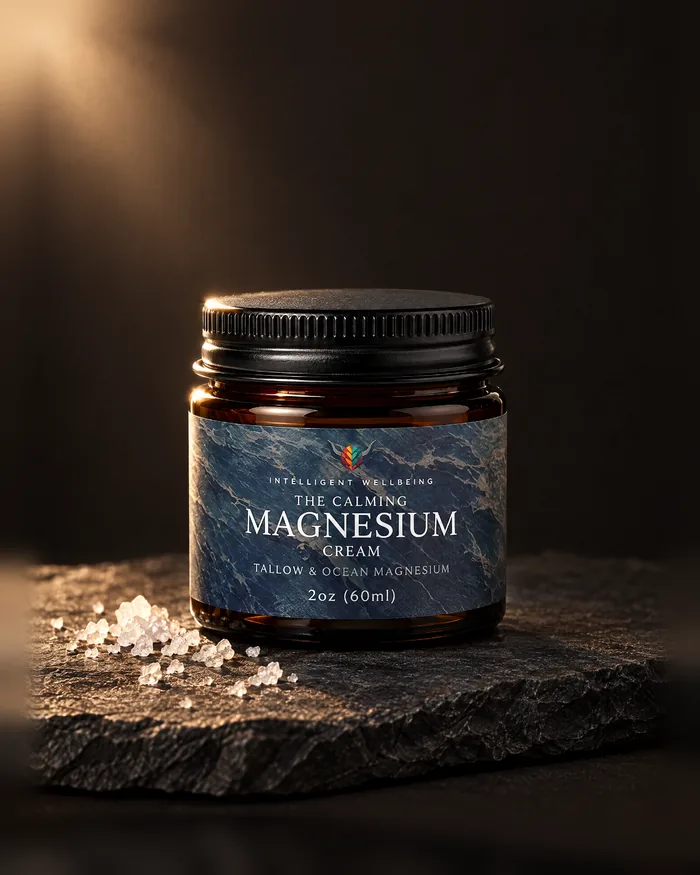 The Calming Magnesium Cream jar on dark slate with sea salt crystals