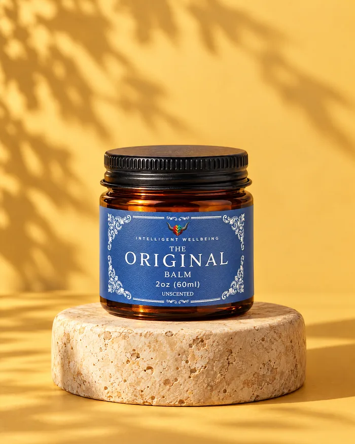 The Original Balm, a 2oz amber jar with a blue label, on a stone block in warm sunlight