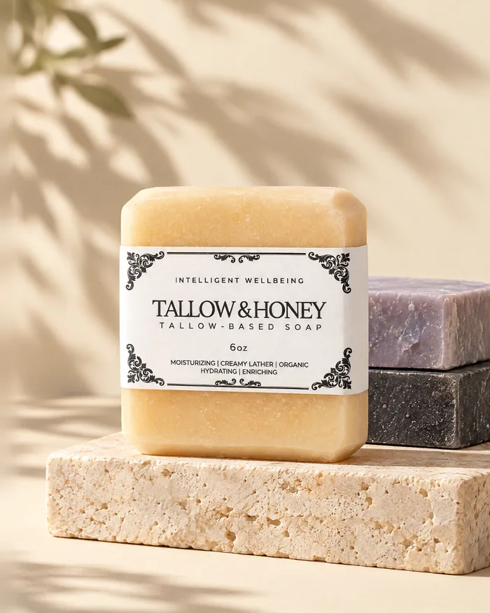 A Tallow and Honey soap bar with two more tallow bars on a stone block