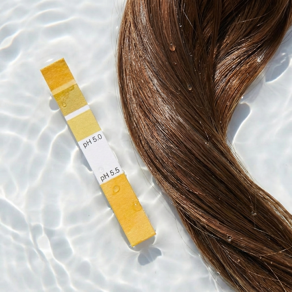 Image idea: A litmus paper strip showing a perfect pH of 5.5 next to a healthy hair strand.