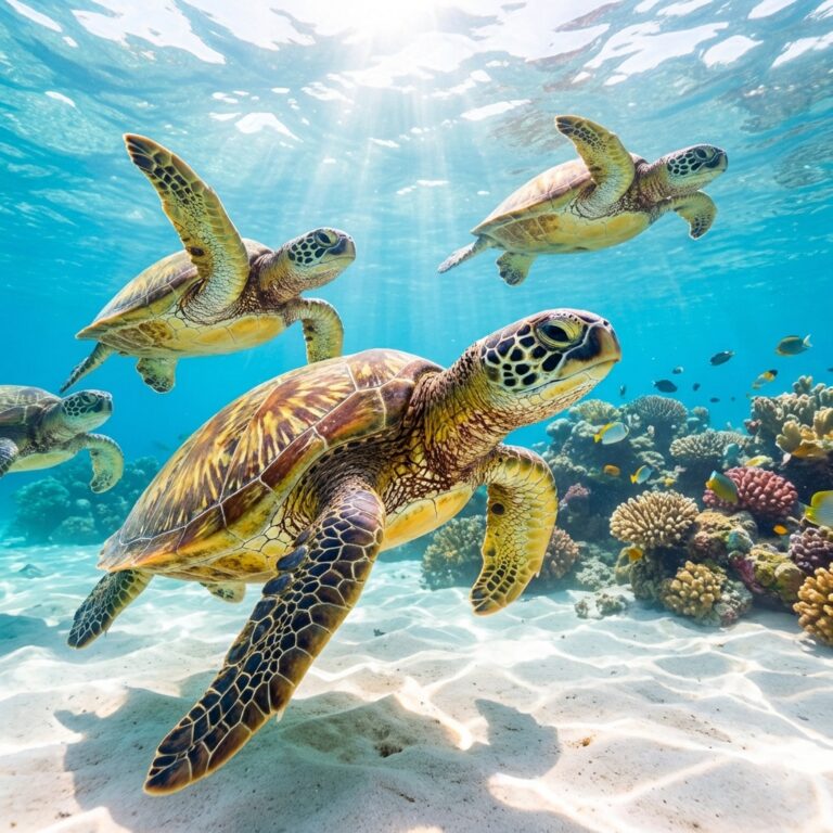 Sea turtles swimming in clear water, symbolizing zero waste.