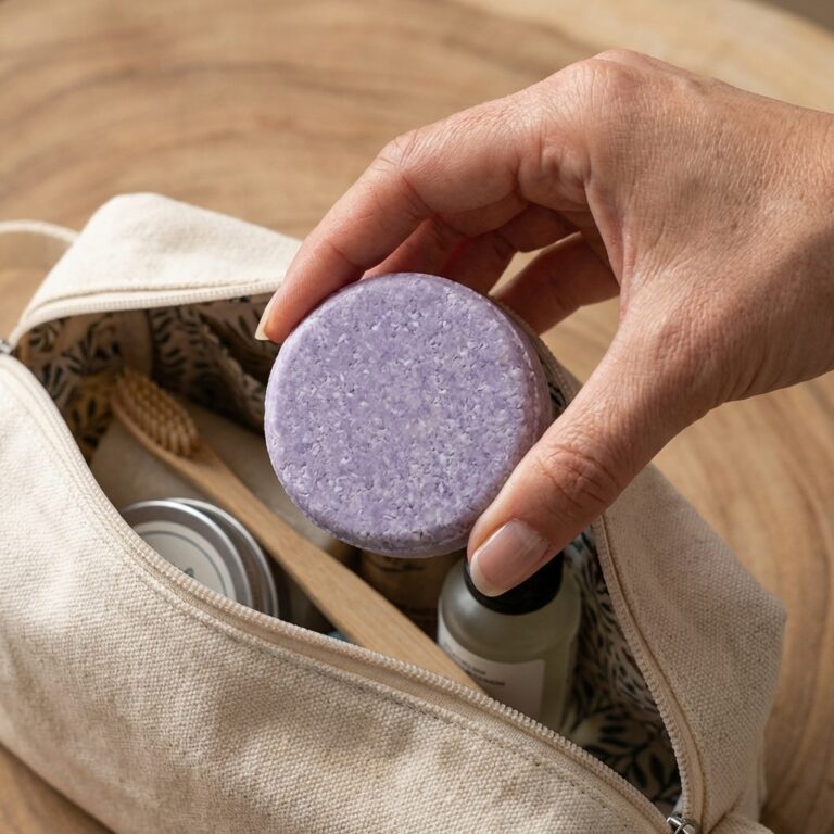A shampoo bar neatly packed in a carry-on suitcase or a gym bag.