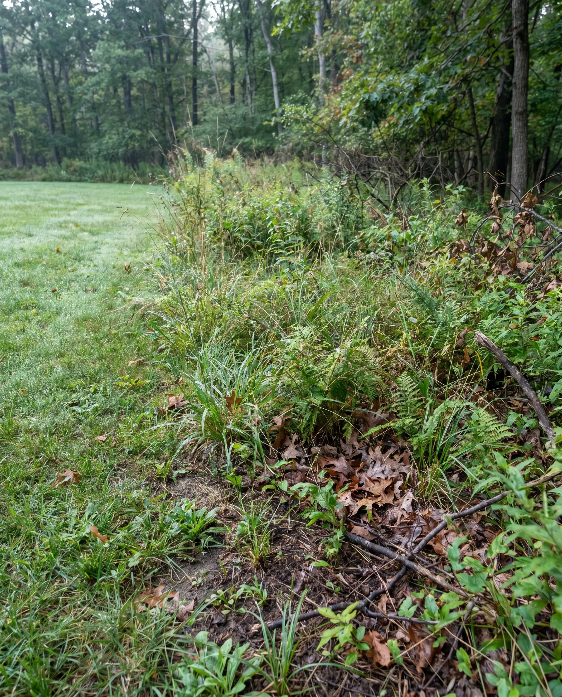 Tick habitat image showing the transition zone where lawn meets woods