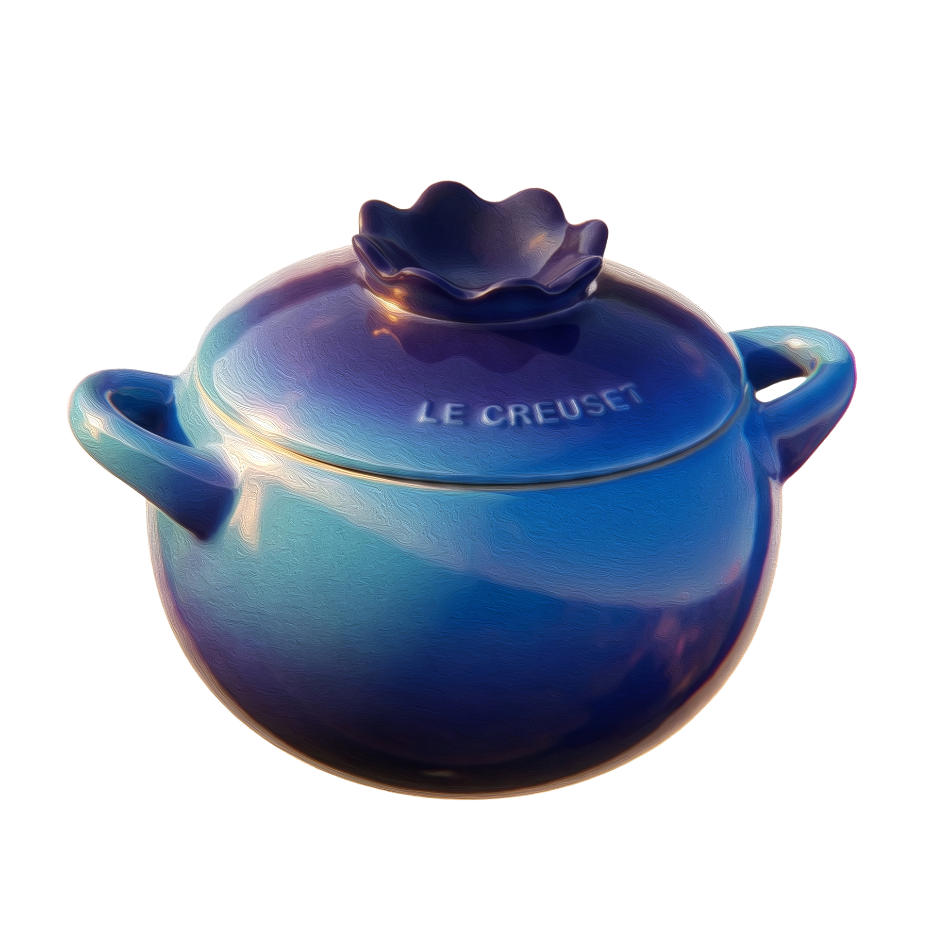 A small Le Creuset cocotte shaped like a blueberry, with a leaf-shaped lid