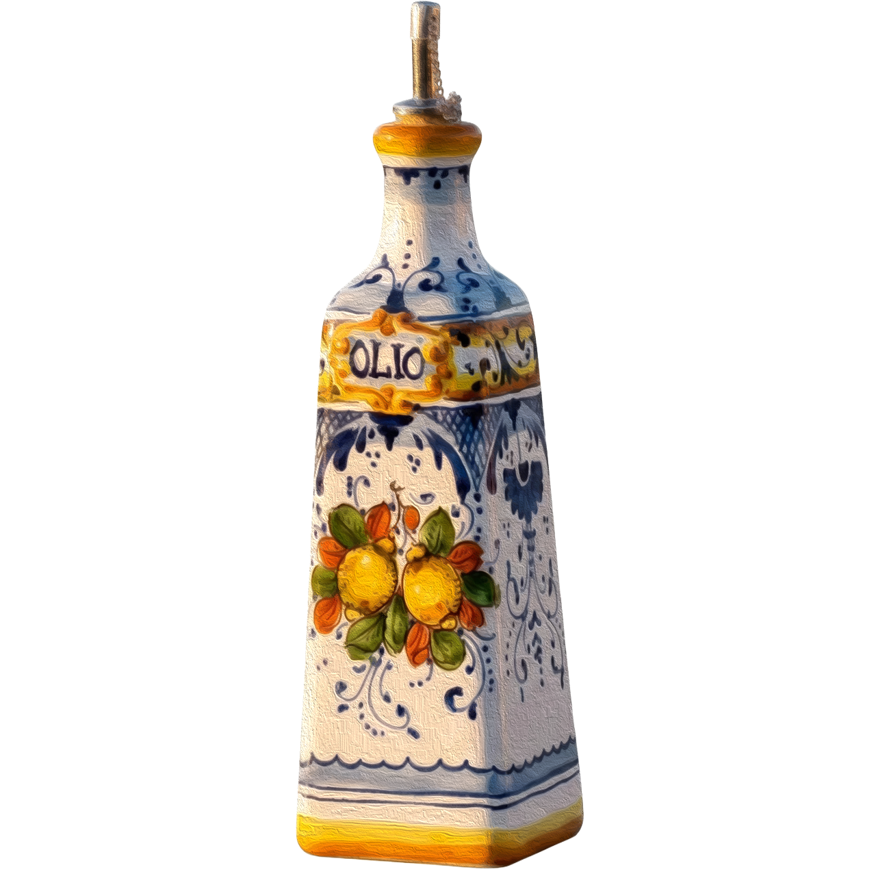 A hand-painted ceramic olive oil bottle with lemons illustrated on the front