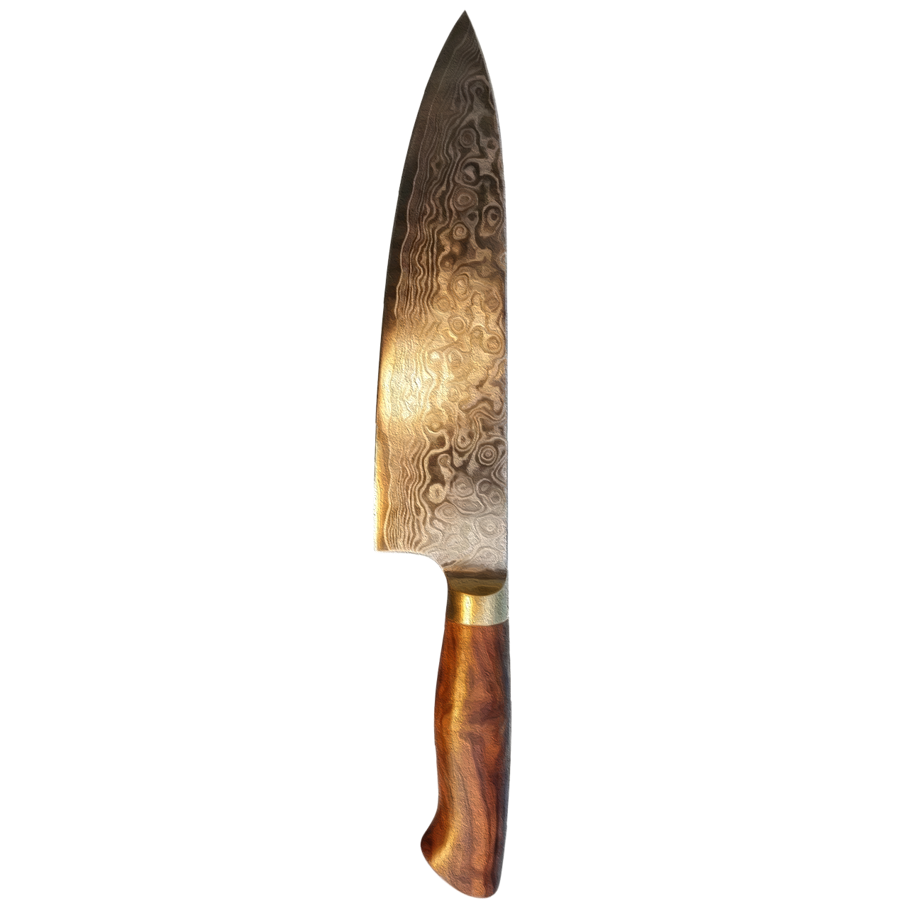 A Damascus-pattern Japanese chef's knife with a wooden handle