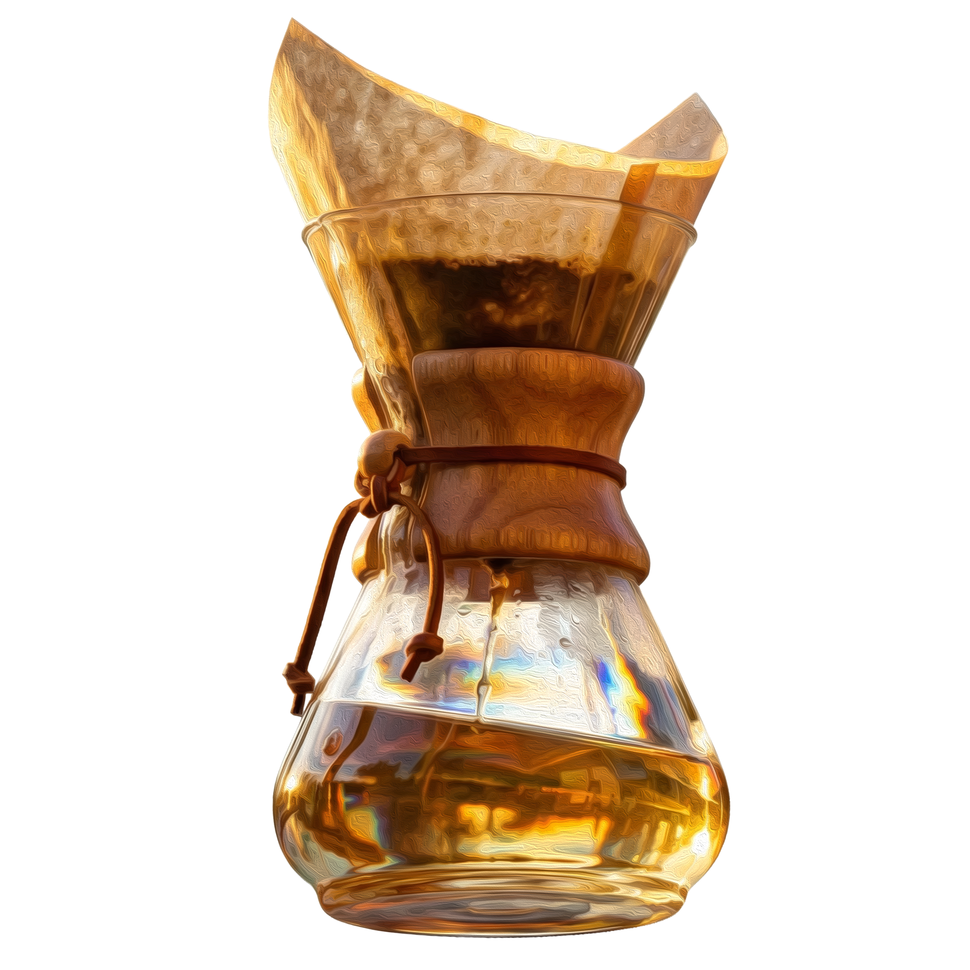 A Chemex borosilicate glass pour-over coffee maker with a wooden collar and leather tie
