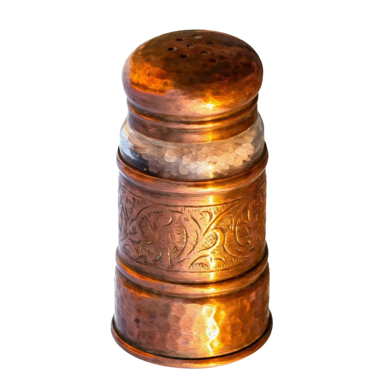 A hammered copper salt shaker with intricate copper detailing
