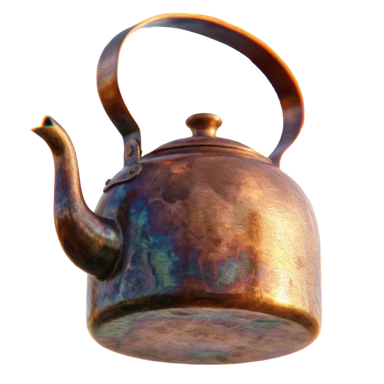 A hammered antique copper tea kettle with a long curved spout