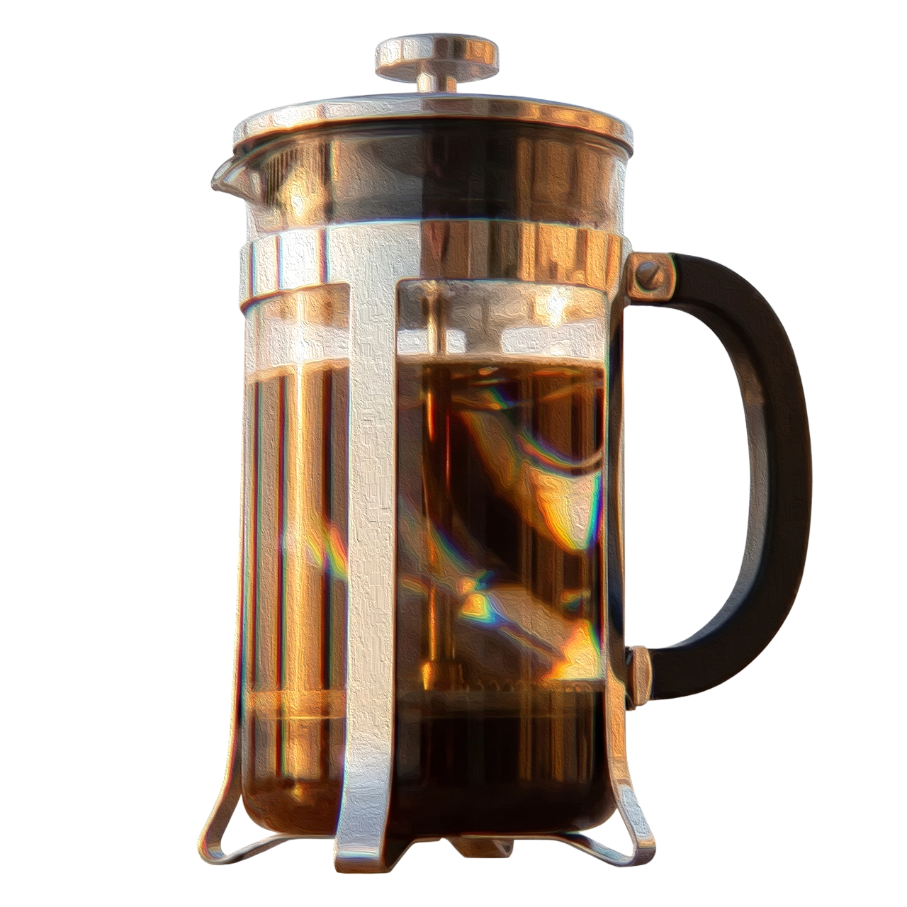 A glass and stainless steel French press with rich coffee inside