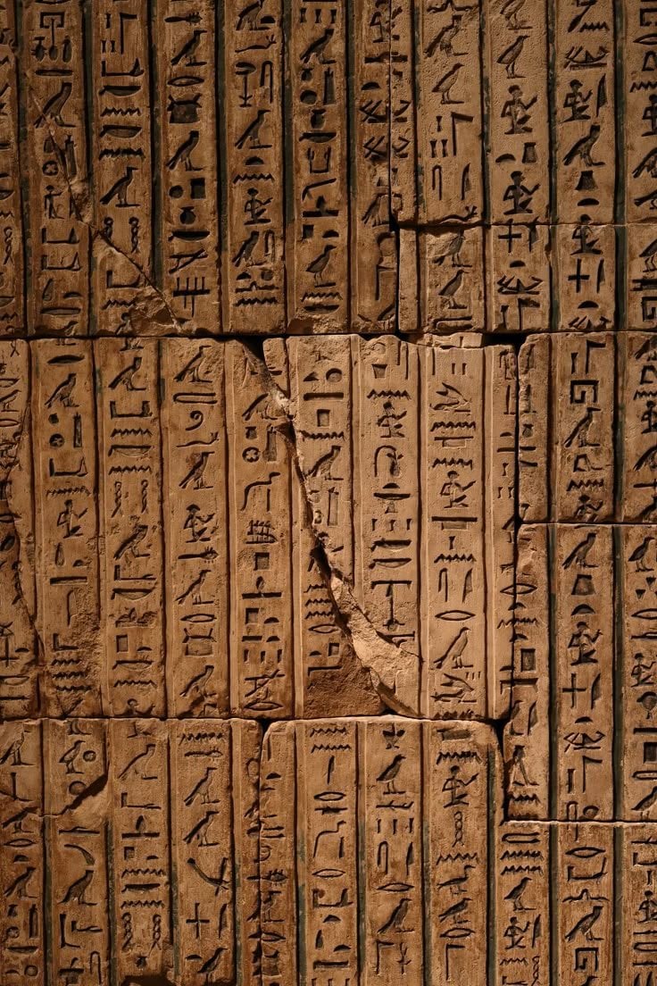 Ancient Egyptian hieroglyphs carved into stone