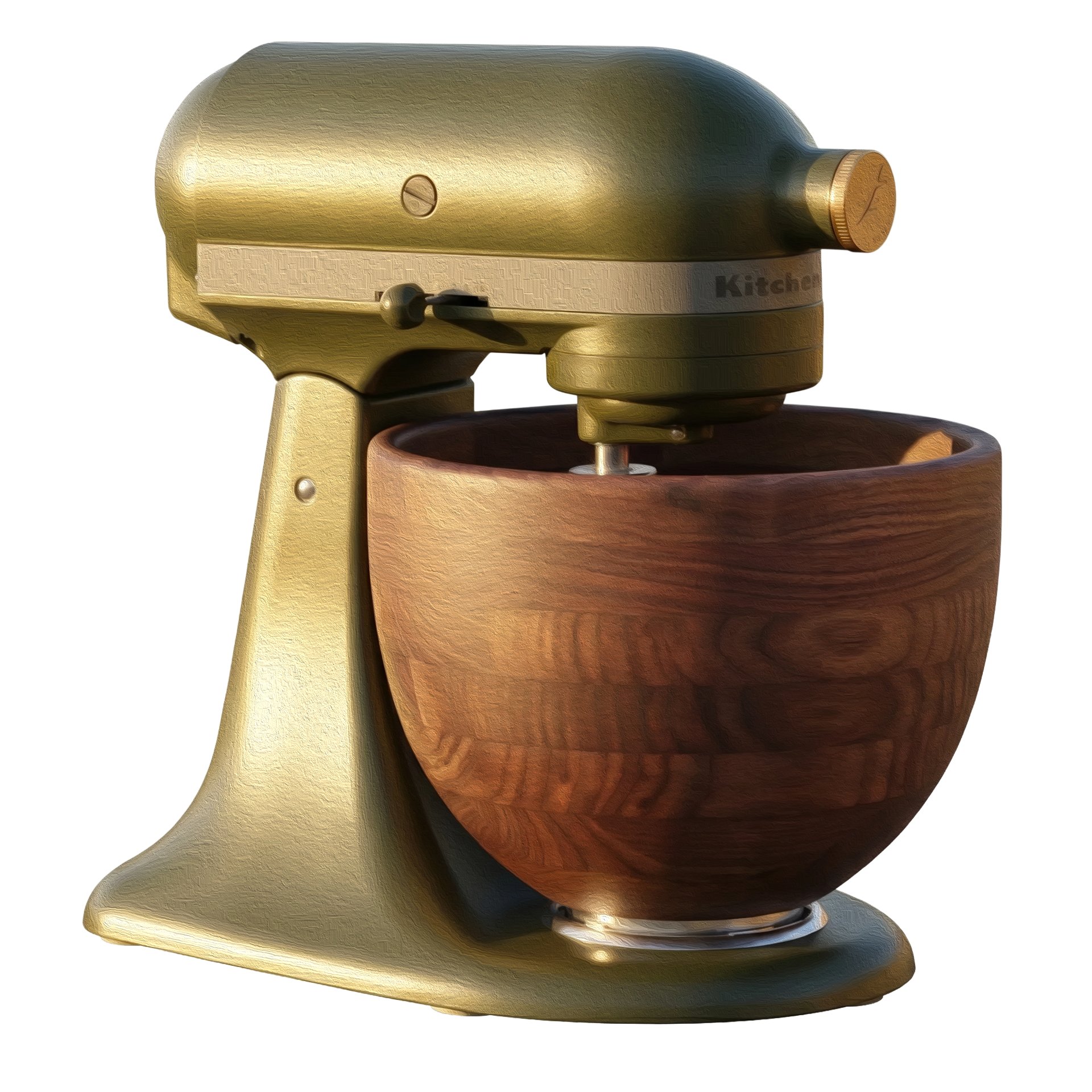 A green KitchenAid stand mixer with a wooden bowl