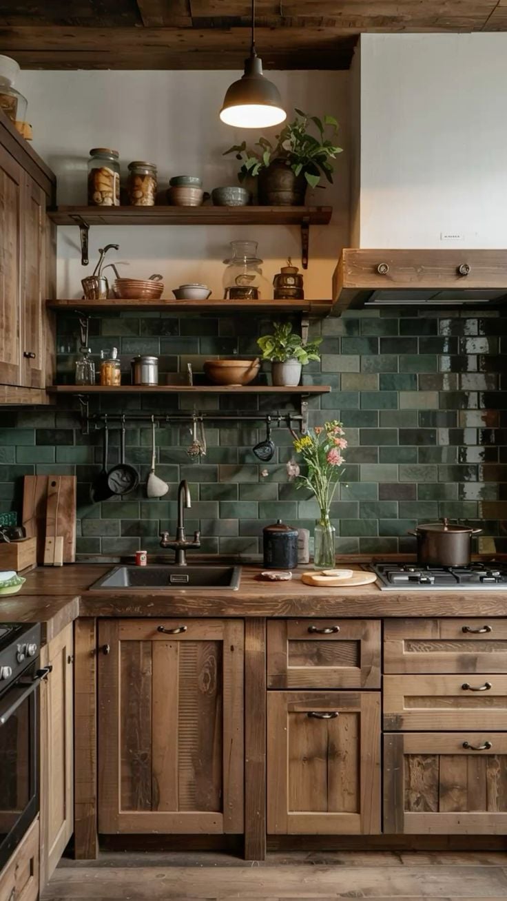 A reclaimed-wood kitchen with deep-green subway tile, wooden cabinets, open shelving holding glass jars of preserves and ceramic vessels, a copper pot on the gas stove, fresh herbs and flowers on the counter, and a wooden cutting board beside a stone sink