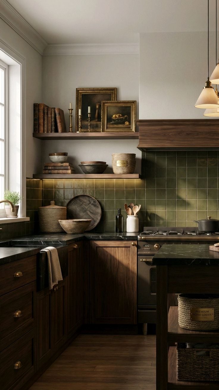 A refined dark-wood kitchen with green tile backsplash, dark stone counters, antique books and brass-framed paintings on the floating shelves, woven baskets, stone and wooden bowls, a clay crock of wooden spoons, brass pendant lights, and a soft cotton hand towel draped on the counter