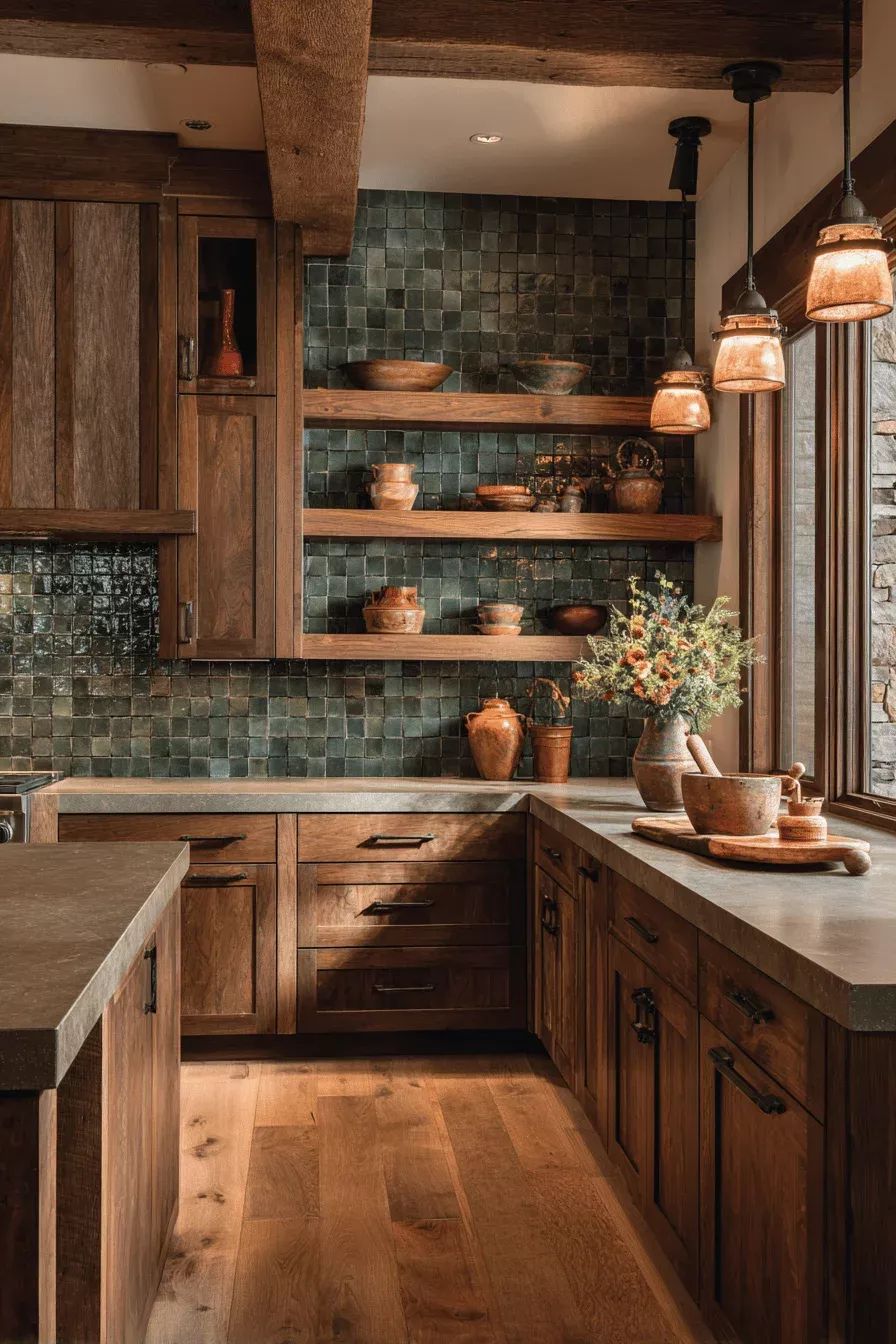 A warm reclaimed-wood kitchen with rough-hewn ceiling beams, a deep-green textured tile backsplash, wooden open shelves holding clay and wooden bowls, copper-glass pendant lights, a stone mortar and pestle on a wooden serving board, and dried wildflowers in a stone vase