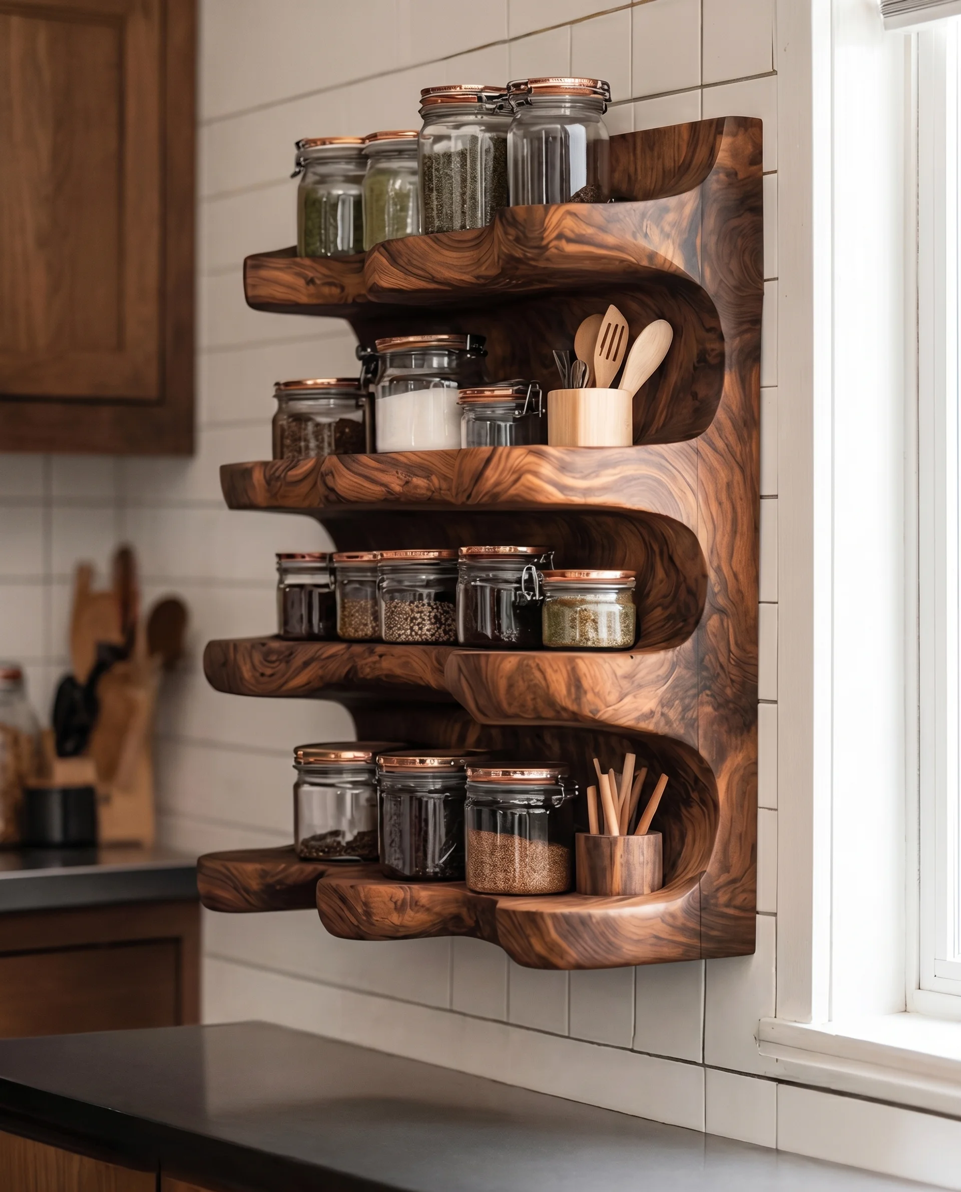 A handcrafted walnut wooden spice shelf mounted on a kitchen wall, filled with copper-lidded glass flip-top jars of dried herbs and spices, with a small jar of wooden spoons tucked in beside them