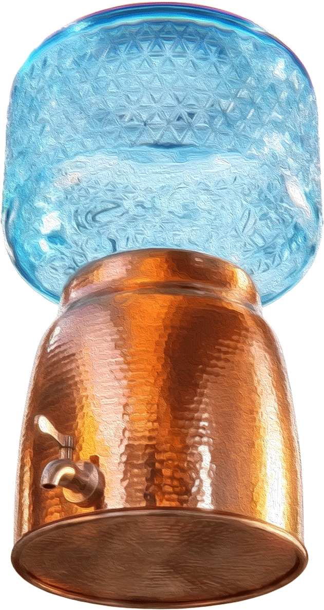 A tall stacked blue glass and copper water dispenser system