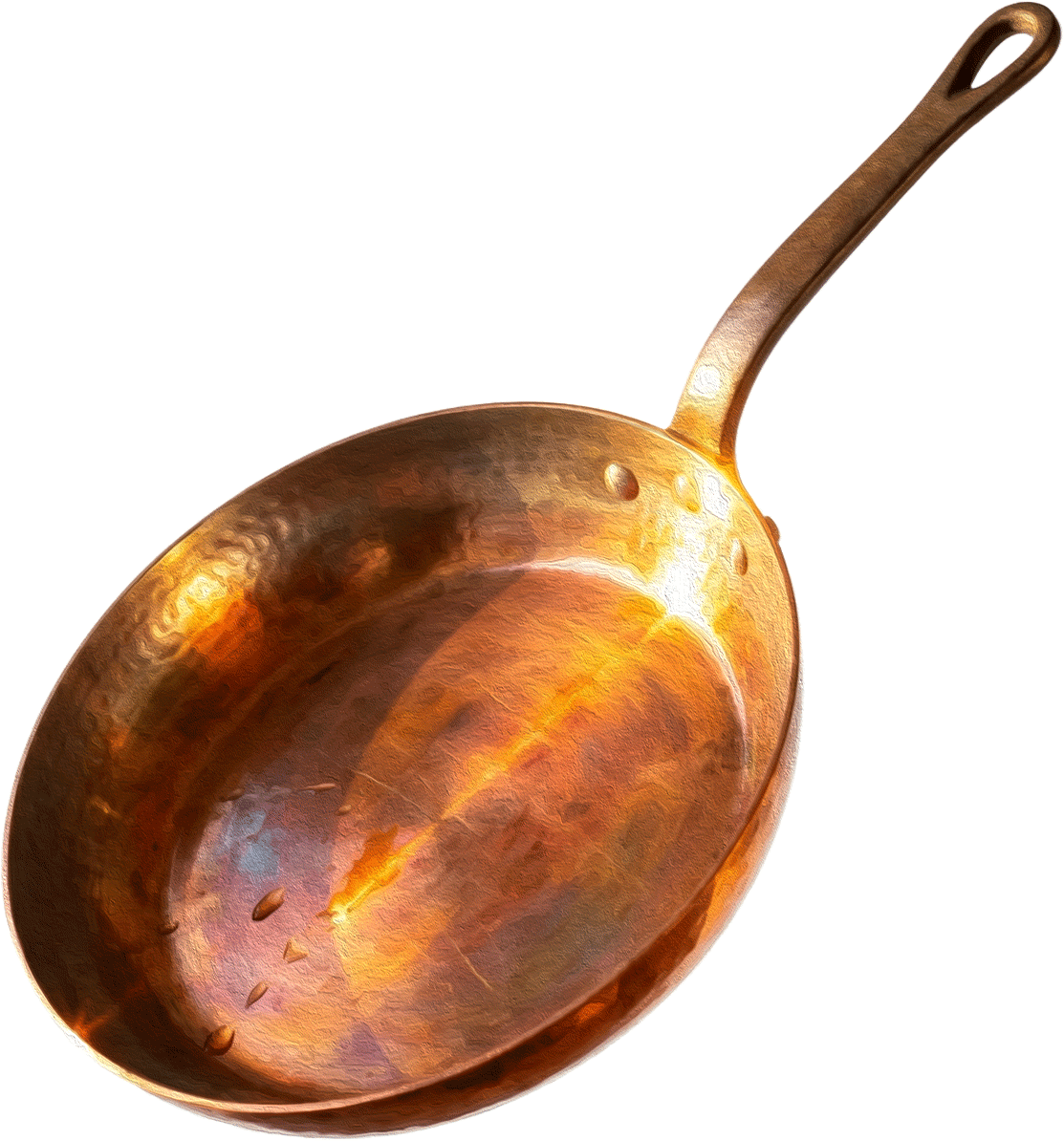 A hammered copper frying pan with a long copper handle
