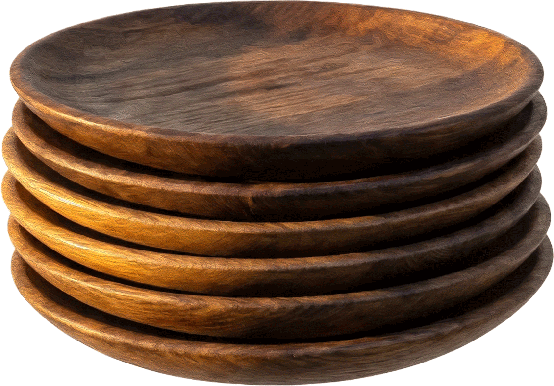 A stack of round wooden plates