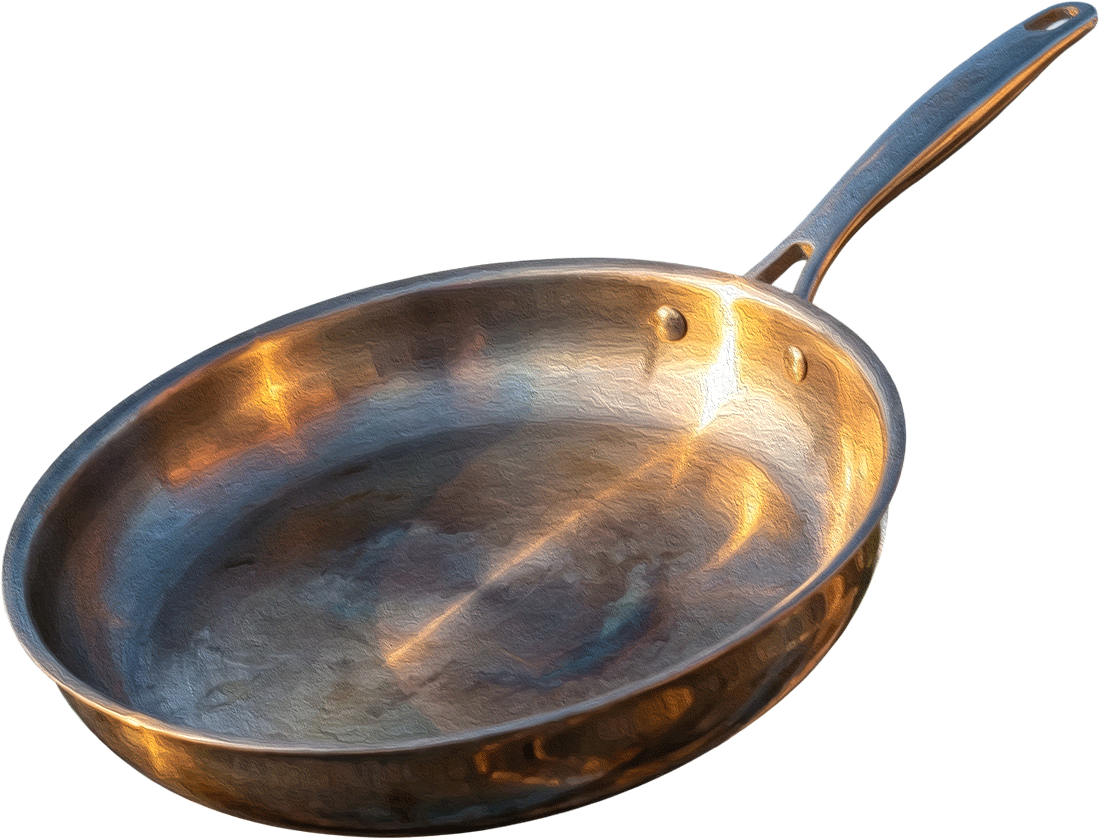 A stainless steel frying pan with rivets and a stainless handle