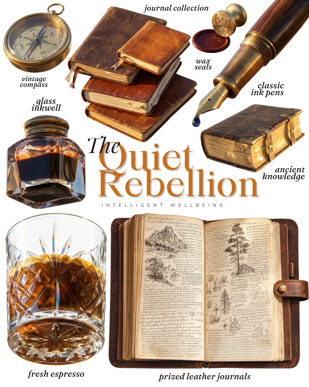 A still-life collage of objects associated with the quiet rebellion: a vintage compass, a stack of leather journals, a brass fountain pen, a glass inkwell, an ancient leather-bound book, a wax seal, an espresso, and an open hand-illustrated nature journal