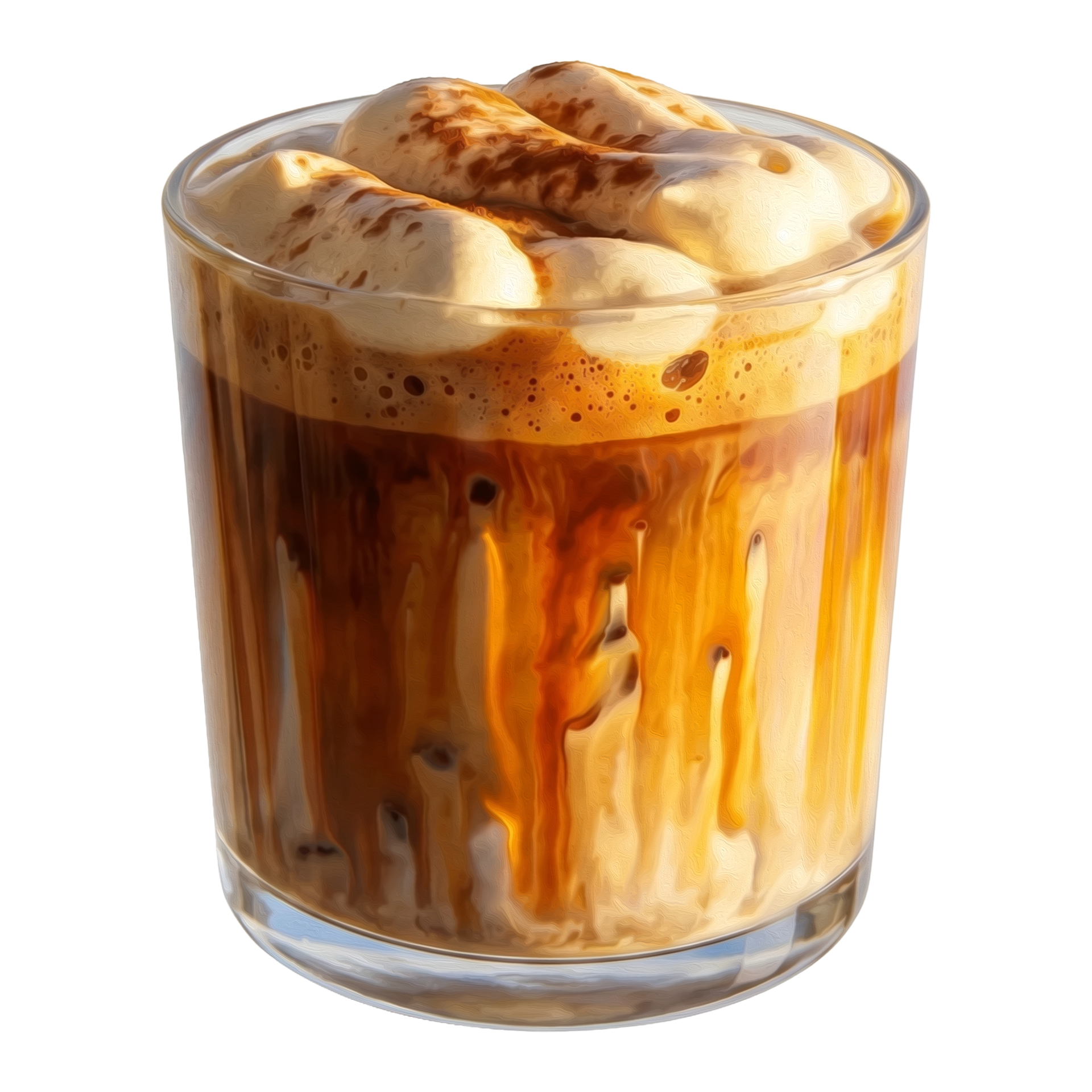 An illustrated Banana Bread Latte, painterly style, with cinnamon-dusted cold foam