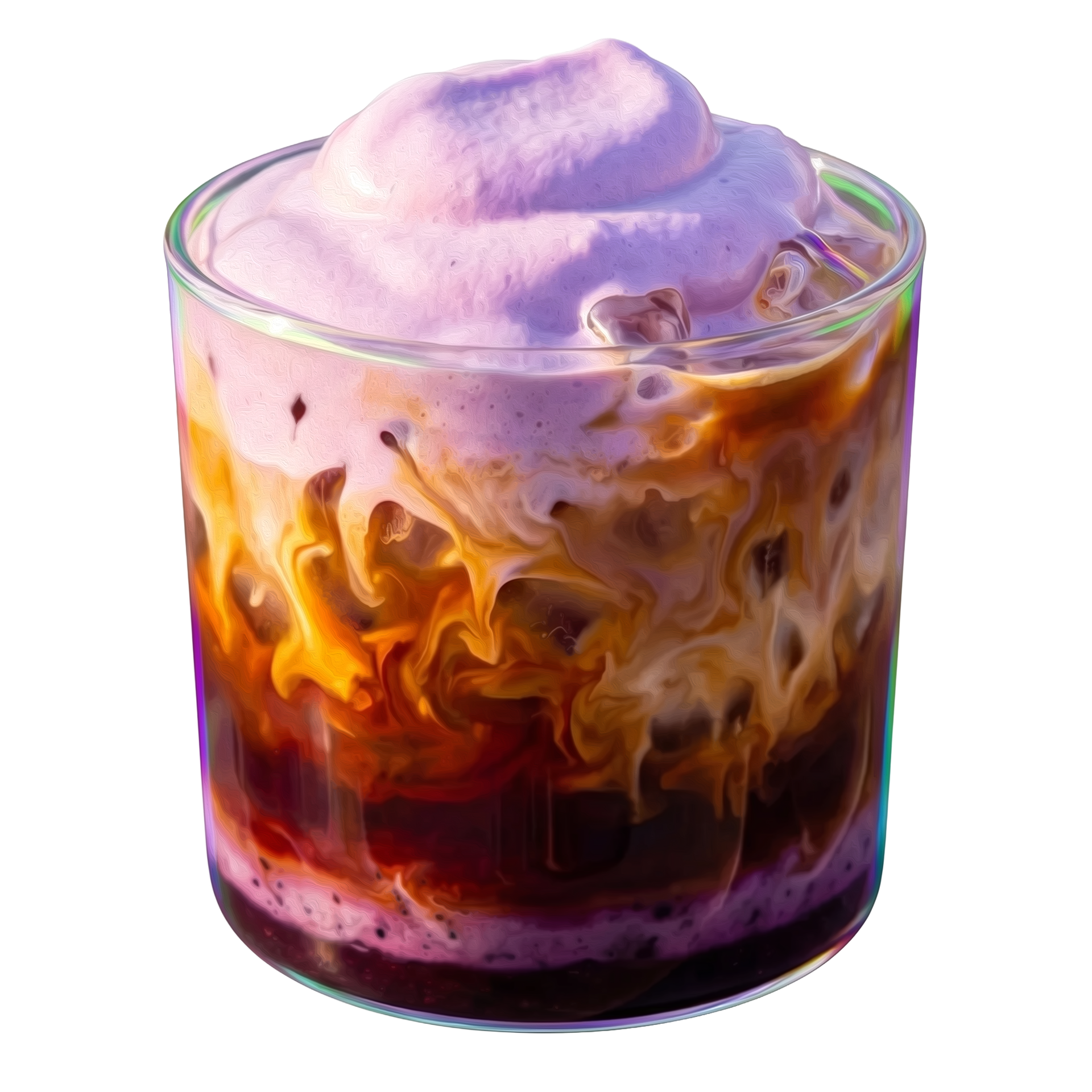 An illustrated Blueberry Cloud Latte with a soft purple foam cloud on top of iced espresso and milk