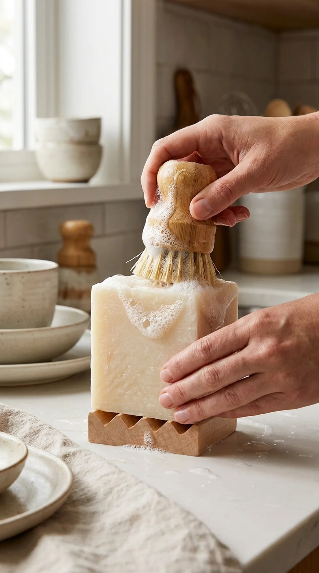 A natural solid dish soap block resting on an alder wood soap saver stand beside a bamboo dish brush at a clean kitchen sink, surrounded by wooden and glass kitchen objects