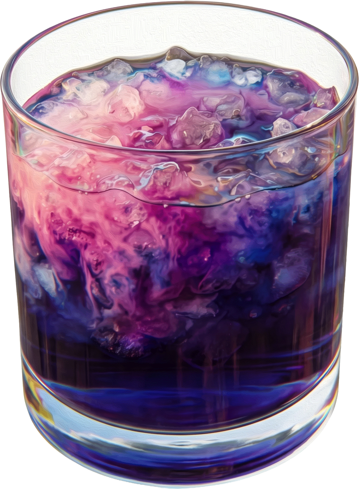 An illustrated Butterfly Pea Elixir, deep indigo over ice in a tall clear glass