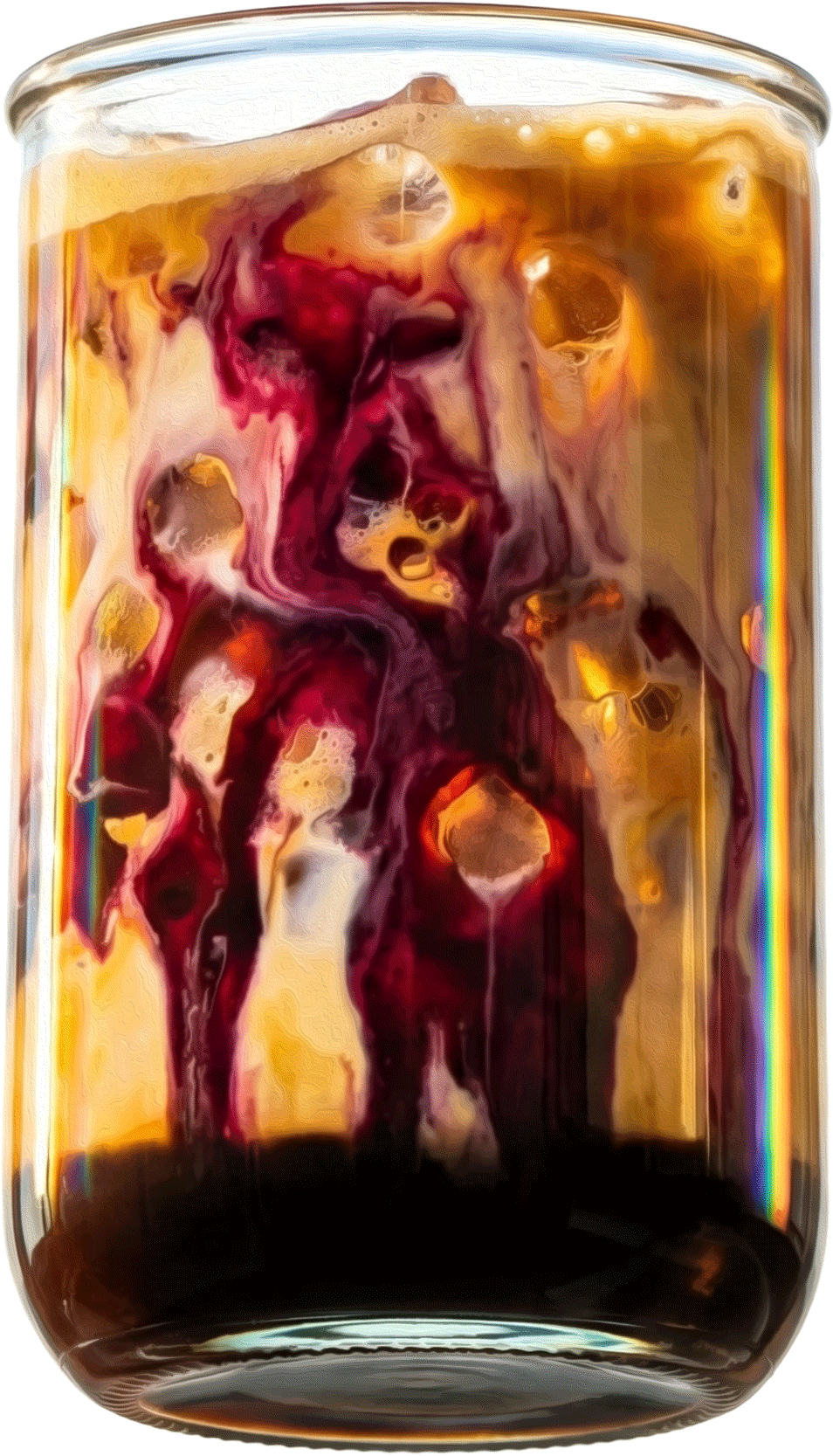 An illustrated Salted Maple Blueberry Espresso, deep amber and indigo over ice