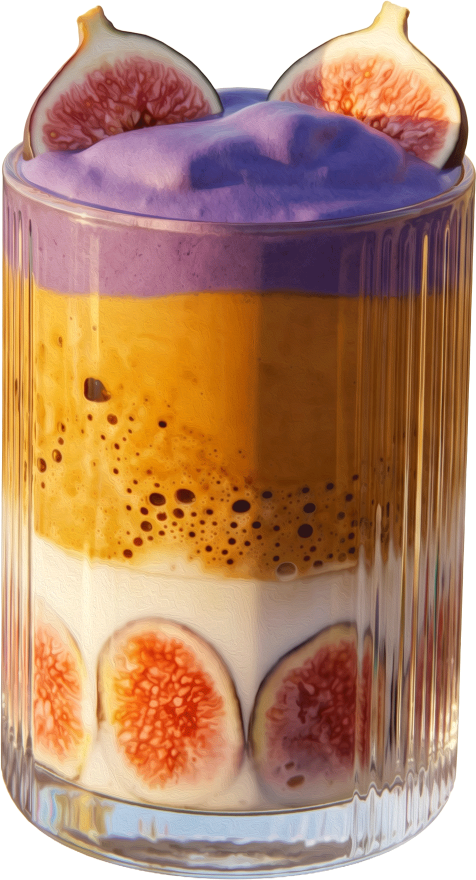 An illustrated Blueberry Fig Espresso, dark and velvet with a soft cream pour