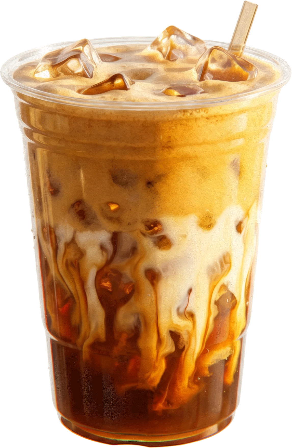 An illustrated French Toast Iced Latte, layered espresso and milk with a cinnamon cold foam top