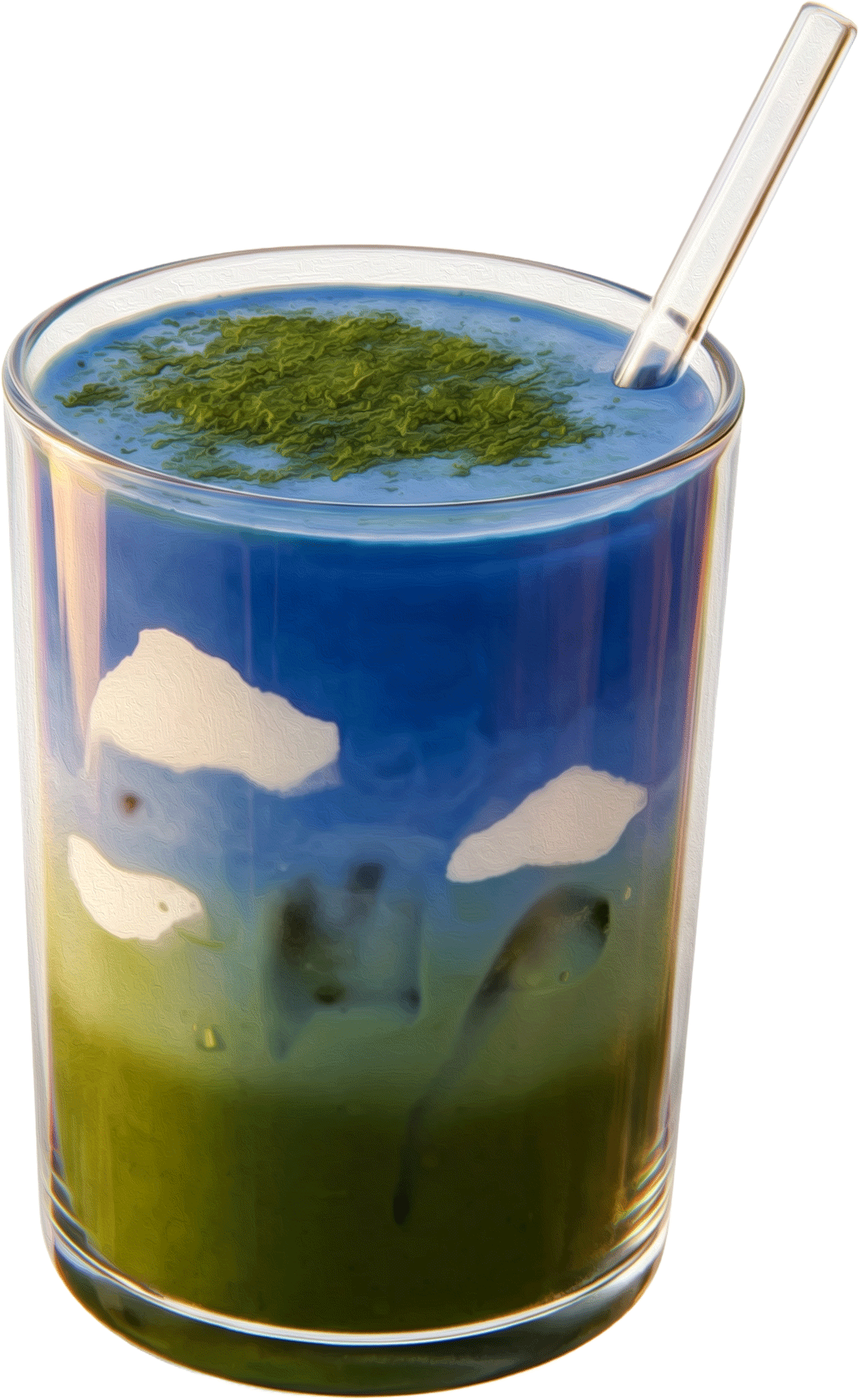 An illustrated Earth Matcha Latte with a sky blue base under a layer of bright green matcha