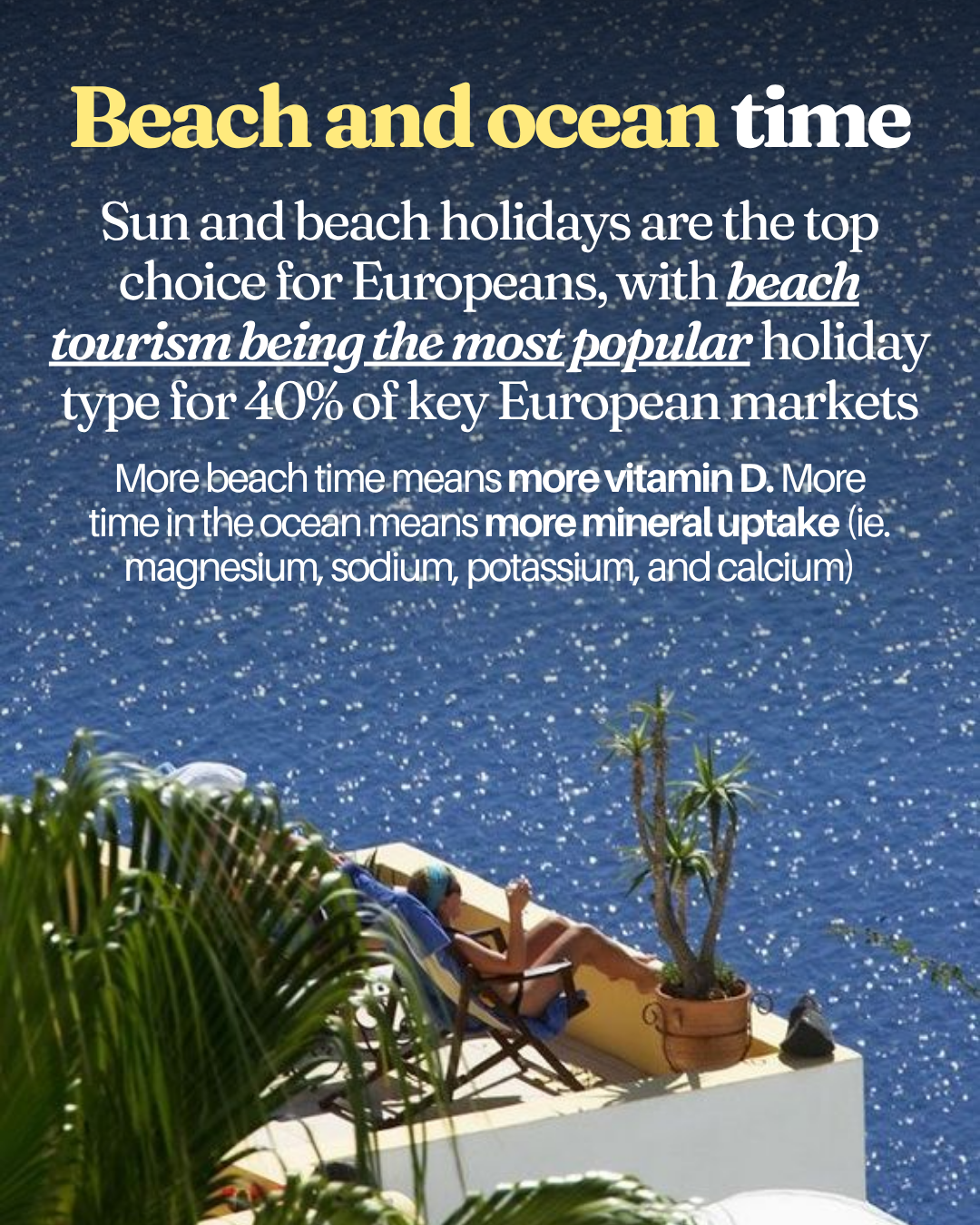 A person lying back in a lounge chair on a white terrace overlooking a vivid blue ocean, surrounded by lush tropical plants in dappled sunlight — Beach and ocean time