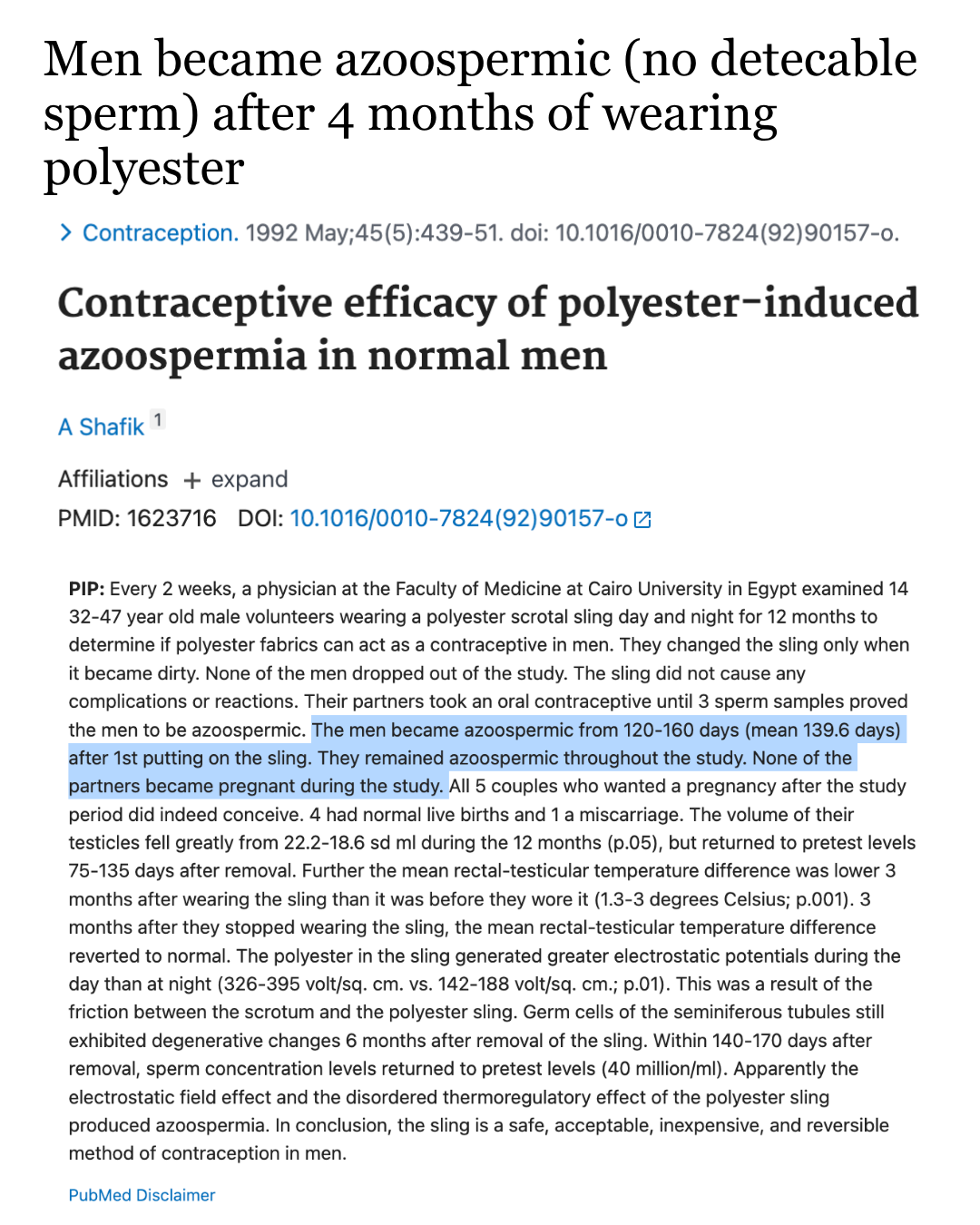 PubMed listing for the 1992 study on contraceptive efficacy of polyester-induced azoospermia in normal men