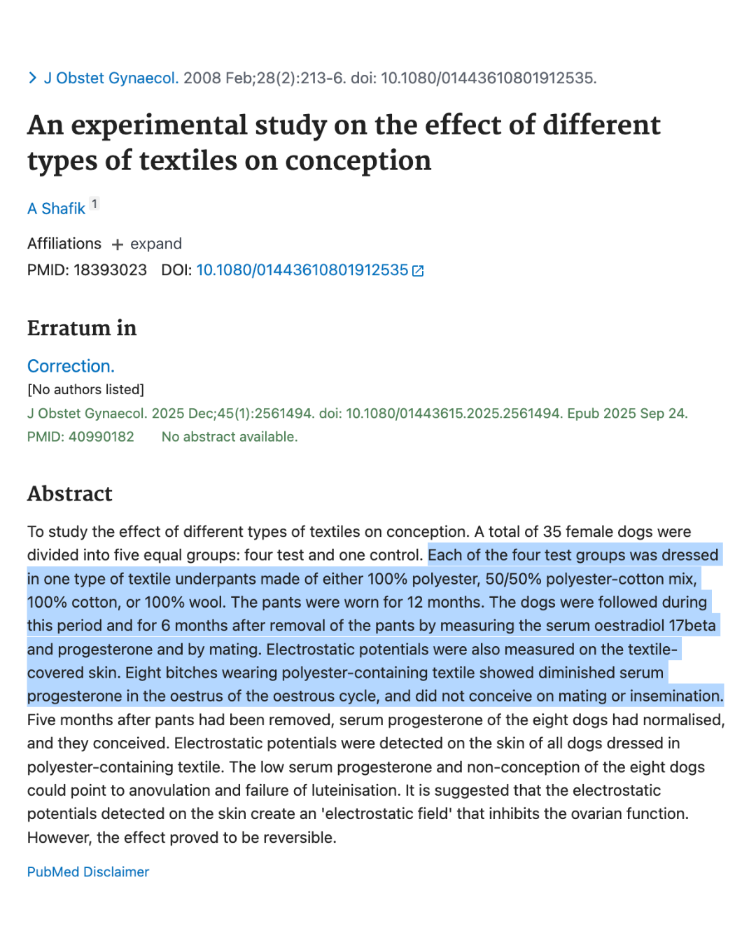 PubMed listing for the 2008 experimental study on the effect of different types of textiles on conception