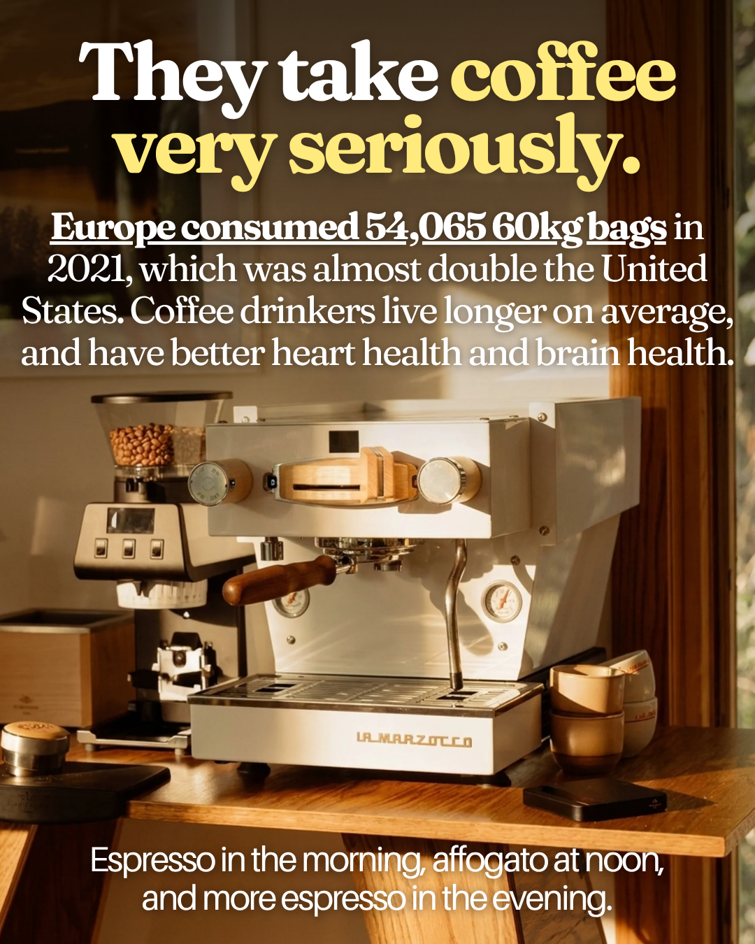 A La Marzocco espresso machine on a warm wooden counter in morning light — They take coffee very seriously