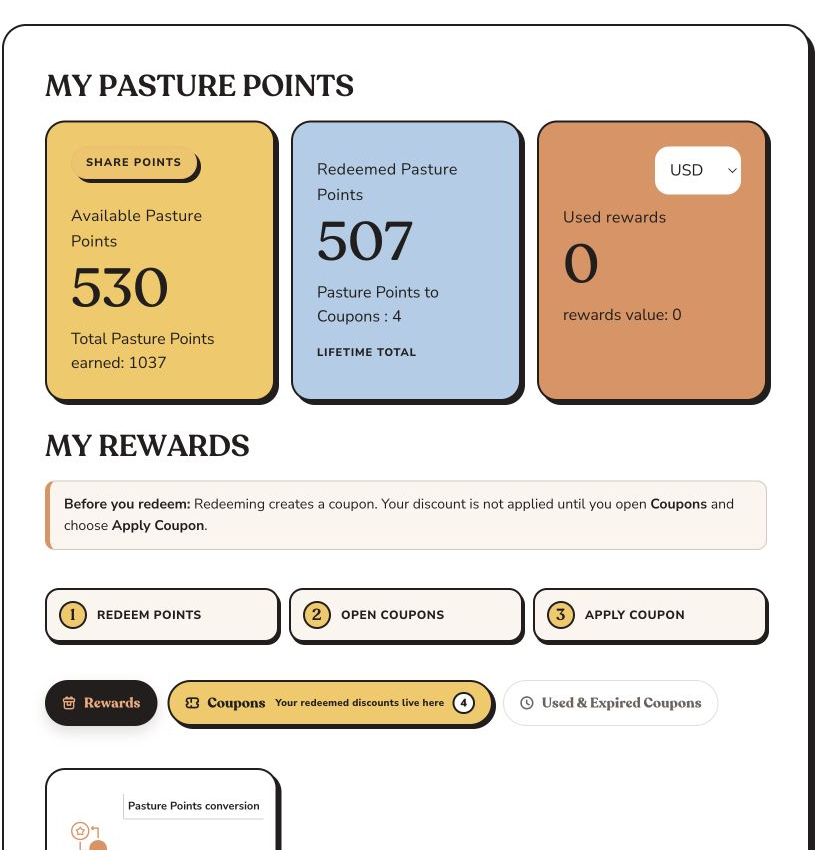 Pasture Points balance, three redemption steps, and Coupons tab