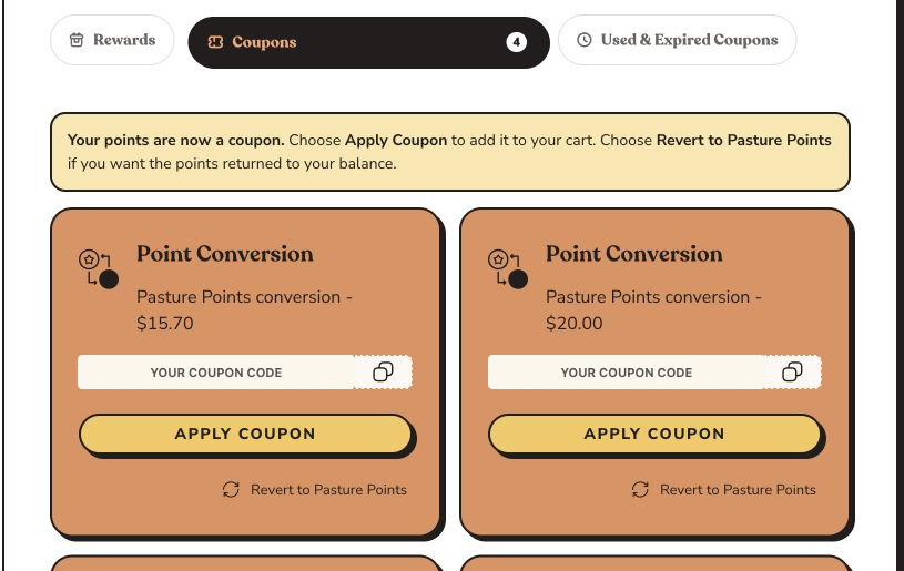 Open Coupons tab with Apply Coupon, copy code, and Revert to Pasture Points buttons