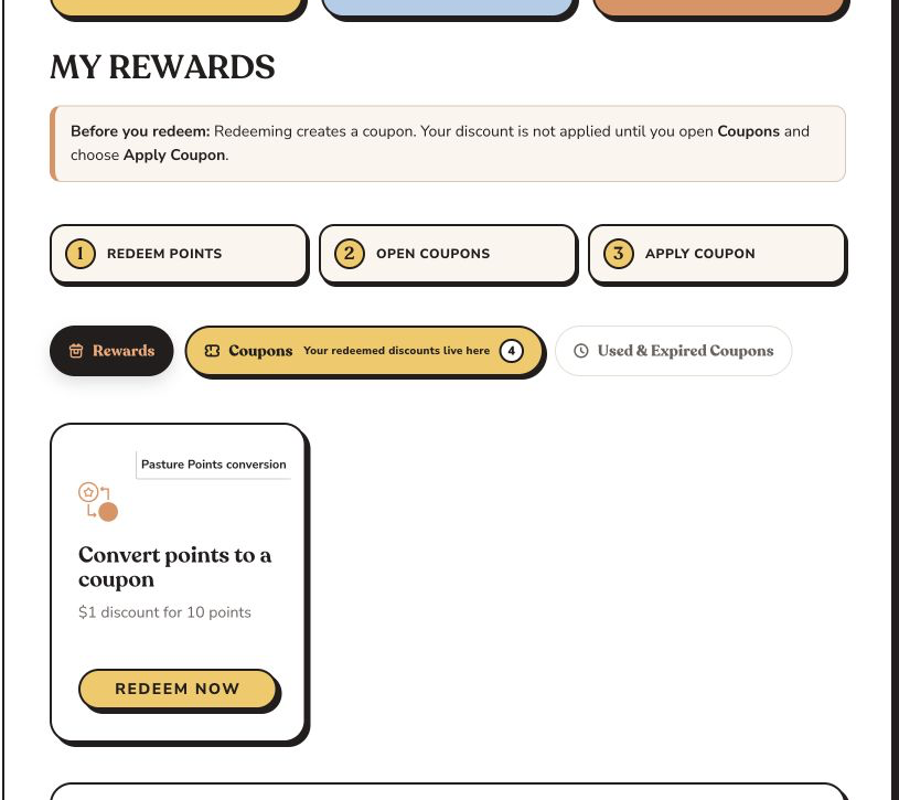 Redeem Now button in My Account Pasture Points and Rewards